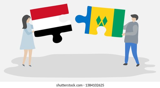 Couple holding two puzzles pieces with Yemeni and Vincentian flags. Yemen and Saint Vincent and the Grenadines national symbols together.