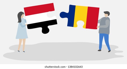 Couple holding two puzzles pieces with Yemeni and Romanian flags. Yemen and Romania national symbols together.