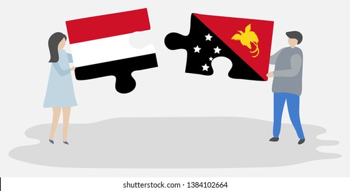 Couple holding two puzzles pieces with Yemeni and Papuan flags. Yemen and Papua New Guinea national symbols together.