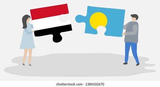 Couple holding two puzzles pieces with Yemeni and Palauan flags. Yemen and Palau national symbols together.