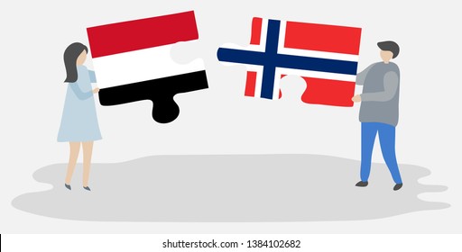 Couple holding two puzzles pieces with Yemeni and Norwegian flags. Yemen and Norway national symbols together.