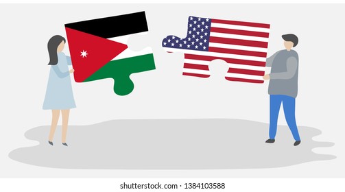 Couple holding two puzzles pieces with Jordanian and American flags. Jordan and United States of America national symbols together.