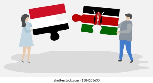 Couple holding two puzzles pieces with Yemeni and Kenyan flags. Yemen and Kenya national symbols together.