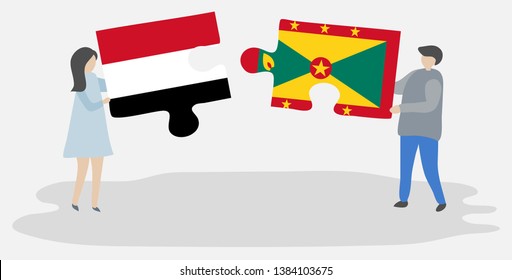 Couple holding two puzzles pieces with Yemeni and Grenadian flags. Yemen and Grenada national symbols together.