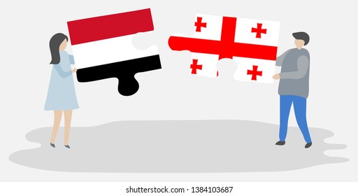 Couple holding two puzzles pieces with Yemeni and Georgian flags. Yemen and Georgia national symbols together.