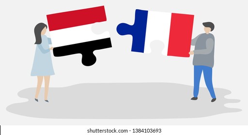 Couple holding two puzzles pieces with Yemeni and French flags. Yemen and France national symbols together.