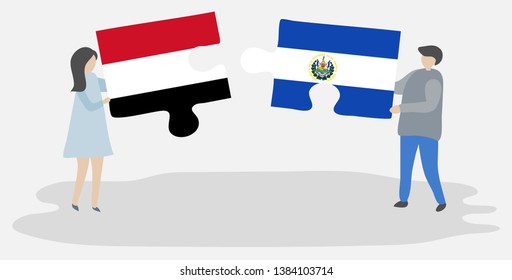 Couple holding two puzzles pieces with Yemeni and Salvadoran flags. Yemen and El Salvador national symbols together.