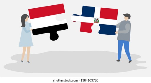 Couple holding two puzzles pieces with Yemeni and Dominican flags. Yemen and Dominican Republic national symbols together.