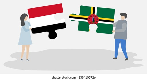 Couple holding two puzzles pieces with Yemeni and Dominican flags. Yemen and Dominica national symbols together.