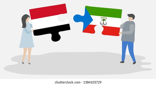 Couple holding two puzzles pieces with Yemeni and Equatorial Guinean flags. Yemen and Equatorial Guinea national symbols together.