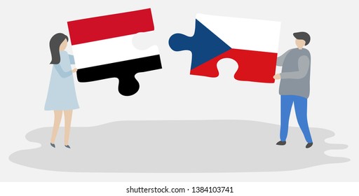 Couple holding two puzzles pieces with Yemeni and Czech flags. Yemen and Czech Republic national symbols together.