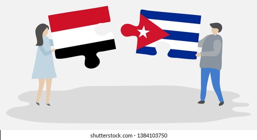 Couple holding two puzzles pieces with Yemeni and Cuban flags. Yemen and Cuba national symbols together.