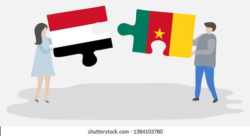 Couple holding two puzzles pieces with Yemeni and Cameroonian flags. Yemen and Cameroon national symbols together.