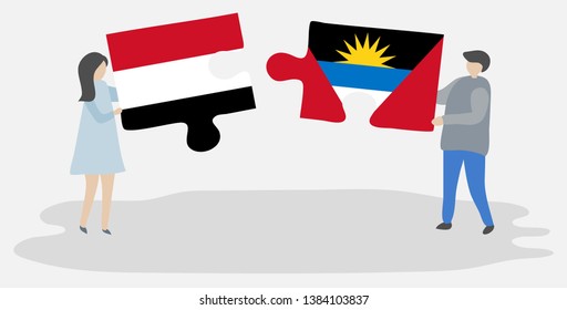 Couple holding two puzzles pieces with Yemeni and Antiguan flags. Yemen and Antigua and Barbuda national symbols together.