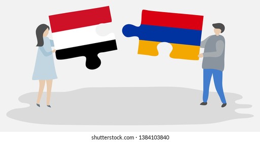 Couple holding two puzzles pieces with Yemeni and Armenian flags. Yemen and Armenia national symbols together.