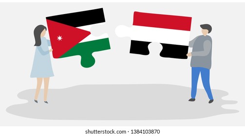 Couple holding two puzzles pieces with Jordanian and Yemeni flags. Jordan and Yemen national symbols together.
