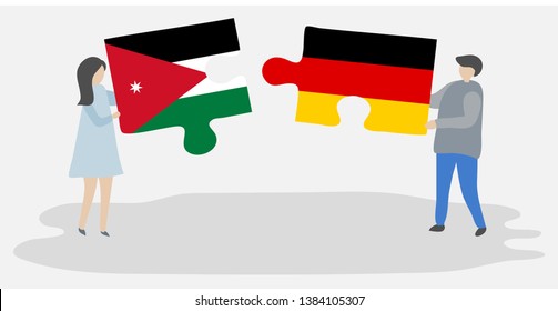 Couple holding two puzzles pieces with Jordanian and German flags. Jordan and Germany national symbols together.