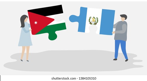 Couple holding two puzzles pieces with Jordanian and Guatemalan flags. Jordan and Guatemala national symbols together.