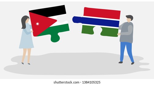 Couple holding two puzzles pieces with Jordanian and Gambian flags. Jordan and Gambia national symbols together.