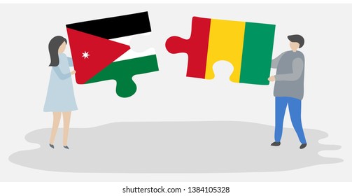 Couple holding two puzzles pieces with Jordanian and Guinean flags. Jordan and Guinea national symbols together.