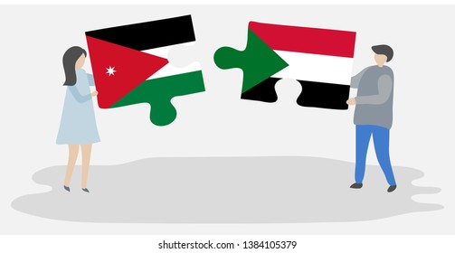 Couple holding two puzzles pieces with Jordanian and Sudanese flags. Jordan and Sudan national symbols together.
