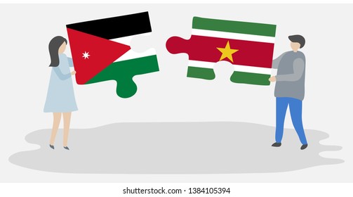 Couple holding two puzzles pieces with Jordanian and Surinamese flags. Jordan and Suriname national symbols together.