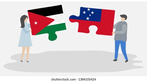 Couple Holding Two Puzzles Pieces With Jordanian And Samoan Flags. Jordan And Samoa National Symbols Together.