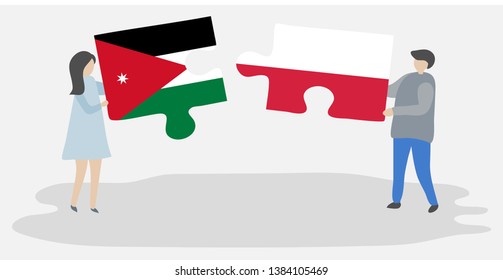 Couple holding two puzzles pieces with Jordanian and Polish flags. Jordan and Poland national symbols together.