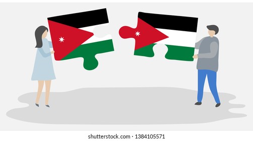 Couple holding two puzzles pieces with Jordanian and Jordanian flags. Jordan and Jordan national symbols together.