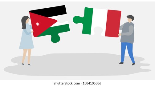 Couple holding two puzzles pieces with Jordanian and Italian flags. Jordan and Italy national symbols together.