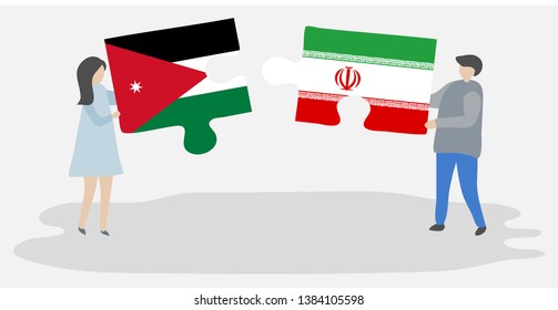Couple holding two puzzles pieces with Jordanian and Iranian flags. Jordan and Iran national symbols together.