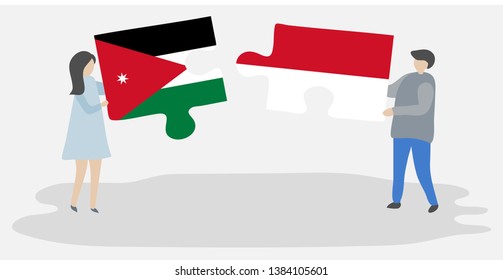 Couple holding two puzzles pieces with Jordanian and Indonesian flags. Jordan and Indonesia national symbols together.
