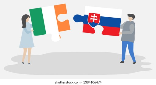 Couple holding two puzzles pieces with Irish and Slovak flags. Ireland and Slovakia national symbols together.