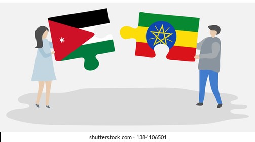 Couple holding two puzzles pieces with Jordanian and Ethiopian flags. Jordan and Ethiopia national symbols together.
