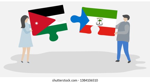 Couple holding two puzzles pieces with Jordanian and Equatorial Guinean flags. Jordan and Equatorial Guinea national symbols together.