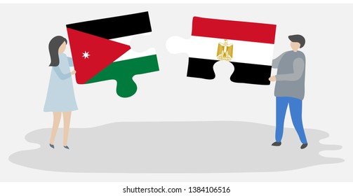 Couple holding two puzzles pieces with Jordanian and Egyptian flags. Jordan and Egypt national symbols together.