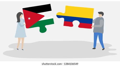 Couple holding two puzzles pieces with Jordanian and Colombian flags. Jordan and Colombia national symbols together.