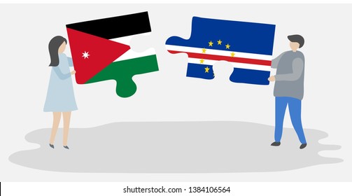 Couple holding two puzzles pieces with Jordanian and Cabo Verdean flags. Jordan and Cape Verde national symbols together.