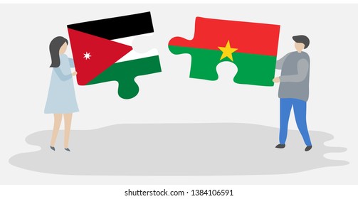 Couple holding two puzzles pieces with Jordanian and Burkinabe flags. Jordan and Burkina Faso national symbols together.