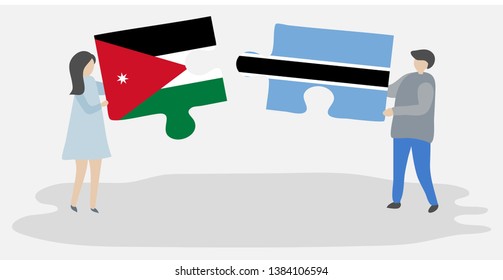 Couple holding two puzzles pieces with Jordanian and Motswana flags. Jordan and Botswana national symbols together.