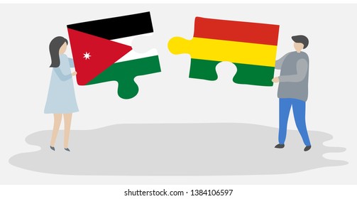 Couple holding two puzzles pieces with Jordanian and Bolivian flags. Jordan and Bolivia national symbols together.