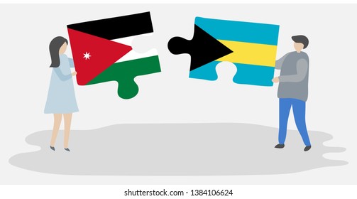 Couple holding two puzzles pieces with Jordanian and Bahamian flags. Jordan and Bahamas national symbols together.