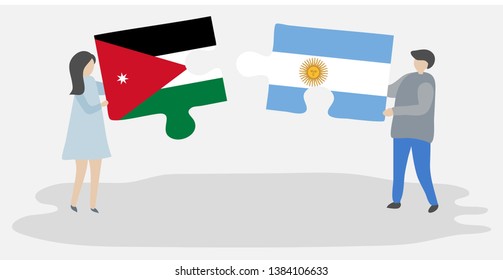 Couple holding two puzzles pieces with Jordanian and Argentine flags. Jordan and Argentina national symbols together.