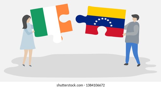 Couple holding two puzzles pieces with Irish and Venezuelan flags. Ireland and Venezuela national symbols together.