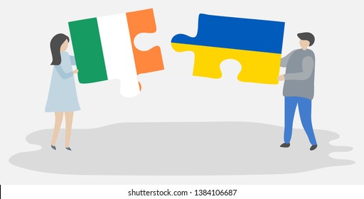Couple holding two puzzles pieces with Irish and Ukrainian flags. Ireland and Ukraine national symbols together.