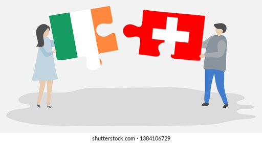 Couple holding two puzzles pieces with Irish and Swiss flags. Ireland and Switzerland national symbols together.