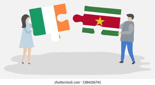 Couple holding two puzzles pieces with Irish and Surinamese flags. Ireland and Suriname national symbols together.