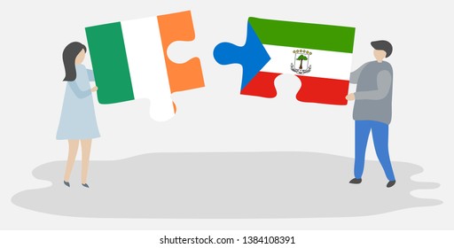 Couple holding two puzzles pieces with Irish and Equatorial Guinean flags. Ireland and Equatorial Guinea national symbols together.