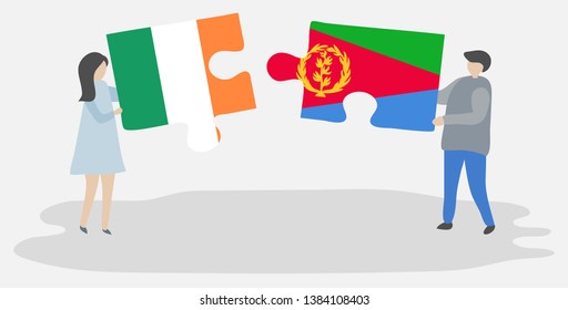 Couple holding two puzzles pieces with Irish and Eritrean flags. Ireland and Eritrea national symbols together.