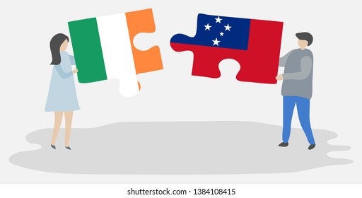 Couple Holding Two Puzzles Pieces With Irish And Samoan Flags. Ireland And Samoa National Symbols Together.